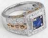 Vintage Design Round Natural Blue Sapphire Bold Fashion Ring with a Real Diamond Halo in solid 14k white gold