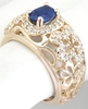 Genuine Blue Sapphire Fashion Ring with Open Flower Design and Real Diamond Halo in solid 14k yellow gold