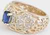 Natural Sapphire Ring with Open Flower Design and Real Diamond Halo in solid 14k yellow gold