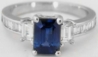 Natural Emerald Cut Blue Sapphire Engagement Ring with Baguette Diamonds in real 14k white gold