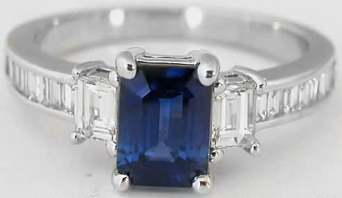 Natural Emerald Cut Blue Sapphire Engagement Ring with Baguette Diamonds in real 14k white gold