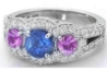 Natural Sapphire Engagement Ring - Three Stone Blue and Pink Sapphire with Real Diamond Halo in solid 14k white gold for sale