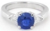 Natural Blue Sapphire Ring with 7mm Round CeylonSapphire and Trillion Cut Diamonds set in solid 14k white gold