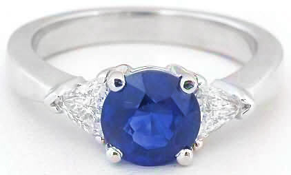 Natural Blue Sapphire Ring with 7mm Round CeylonSapphire and Trillion Cut Diamonds set in solid 14k white gold