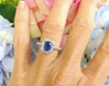 Large Natural Untreated Sapphire Ring- Cushion cut sapphire with a diamond halo in 14k white gold for sale