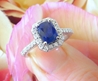 Untreated Cornflower Blue Sapphire Ring- large natural cushion cut and diamond halo ring in 14k white gold