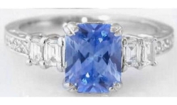 Sapphire Engagement Ring with Natural Ceylon Blue Sapphire in a Radiant Cut Paired with Fine Baguette Diamonds in 18k white gold