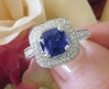 Large Cushion Cut Cornflower Blue Natural Sapphire Ring with Real Pave Diamonds in 14k white gold for sale