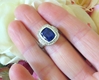 Rare Large Cushion Color Change Blue Purple Sapphire Ring with Real Diamond Halofor sale in solid 14k white gold for sale