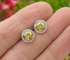 Real Yellow Sapphire Stud Earrings with Diamond Halo in 14k white gold