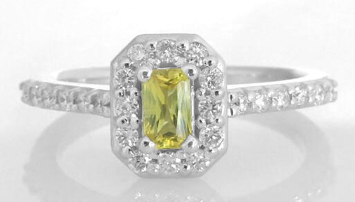 Natural Yellow Sapphire Engagement Ring - Radiant cut with diamonds in 14k white gold for sale