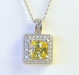 Yellow Sapphire Pendant in 14k white gold- princess cut with diamond halo