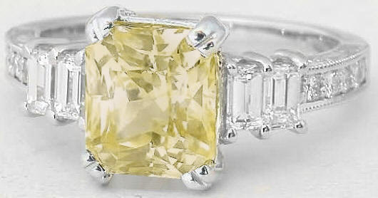 Natural Radiant Cut Untreated Yellow Sapphire Engagement Ring with Baguette Diamonds in 18k white gold for sale
