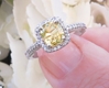 Natural cushion cut yellow sapphire ring with diamond halo in solid 14k white gold for sale