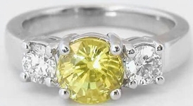 Round Natural Yellow Sapphire Three Stone Ring with Real Round Diamonds in solid 14k white gold
