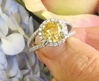 Round Natural Unheated Ceylon Yellow Sapphire Ring - Real Diamond Halo and 14k White Gold