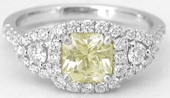 Natural Radiant Yellow Sapphire Three Stone Ring with a Real Diamond Halo in 18k white gold