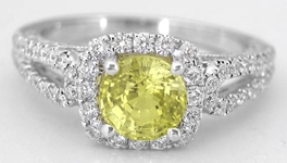 natural round yellow sapphire ring with 18k white gold split shank mounting and real diamond halo for sale