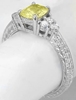 Natural Cushion Yellow Sapphire and Diamond Ring in 14k white gold with Ornate Engraving