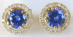 Natural Sapphire Earrings - Round Cut Sapphires with a Diamond Halo set in 14k yellow gold